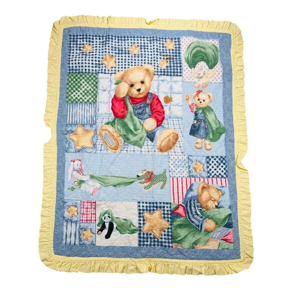 Vtg Blue Jean Teddy Bear Collection Baby Quilt Bedroom Collectible